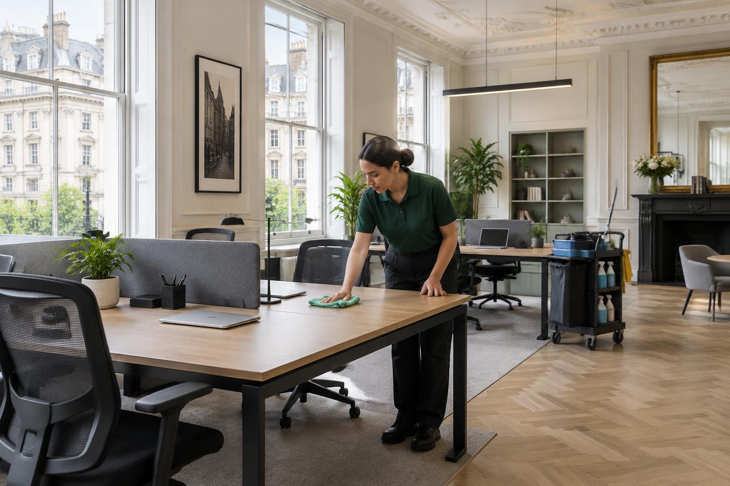 A cleaner wiping an office desk in a bright London workspace with large windows and shared work areas