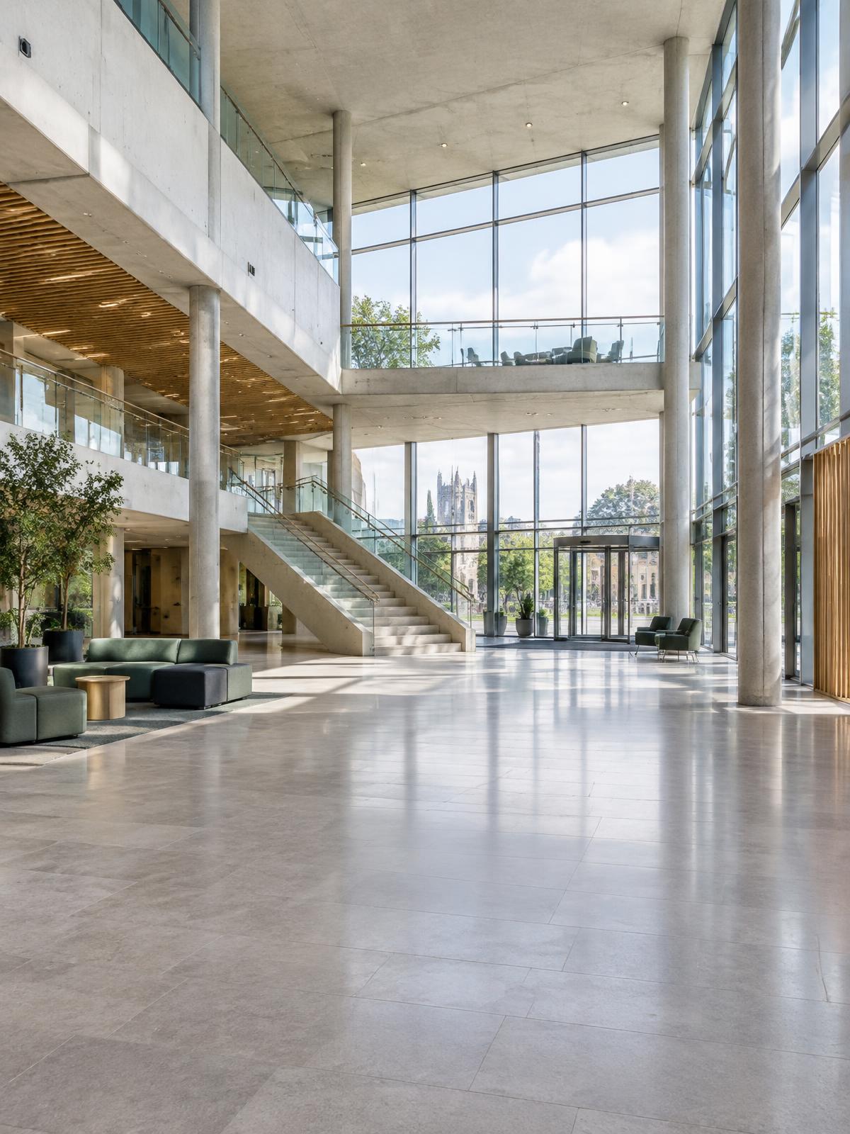 A bright modern civic building atrium with glass, concrete and open communal space